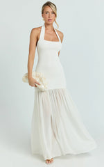 Barbara Maxi Dress - Halter Scoop Neck Contrast Georgette Dress in Ivory