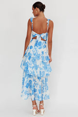 Vestido maxi floral branco/azul com alças e babados Veda