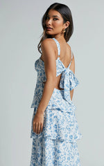 Vestido Midi Lorma - Vestido Drapeado en Capas Azul Floral