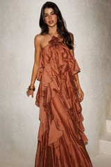 Vestido maxi de volantes escalonados "Cita Secreta" color óxido