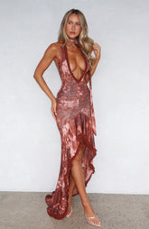 Vestido largo halter Let It Ride, color tostado