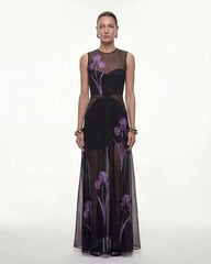 Sheer Floral Print Paneled Maxi Dress - Black