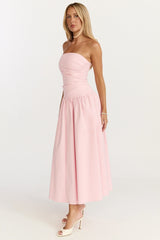 Louisa Maxi Dress - Strapless Side Ruched Dropped Waist Fit And Flare Dress in Pink