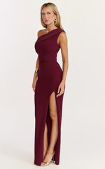Helen Maxi Dress - One Shoulder Draped Fitted Dress in Wine