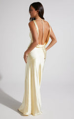 Adilah Maxi Dress - Cowl Neck Satin Dress in Butter Yellow