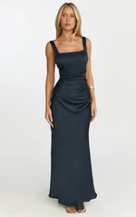 Rumi Midi Dress - Rushed Bodiest Satin Dress in Navy