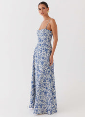 Vestido longo Angelina de linho - Estampa paisley azul