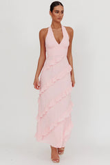 Vestido largo estilo halter con volantes Frill de Flirt Color Rubor