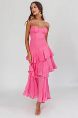 Vestido Longo em Camadas com Babados Madrid Summer Rosa