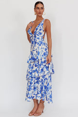 Vestido longo floral azul Veda com alças e babados nas costas