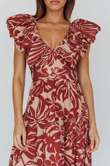 Vestido maxi Kahlo con volantes abullonados en el escote y estampado Flame
