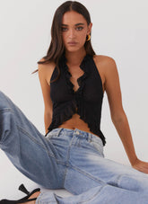 Top con volantes de malla Tanya - Negro