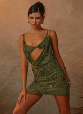 Minivestido con abalorios celosia - Caqui