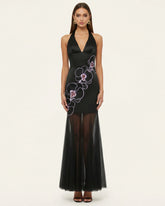 Orchid Embroidered Sheer Hem Halter Maxi Dress- Black Purple