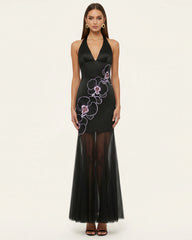 Orchid Embroidered Sheer Hem Halter Maxi Dress- Black Purple