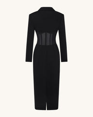 Sheer Boned Corset Waist Blazer Maxi Dress - Black