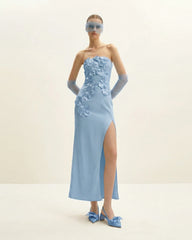 Floral Embroidered Long Dress - Blue