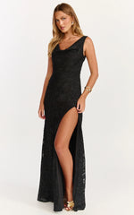 Rachel Maxi Dress - Cowl Neck Jacquard Front Split Dress in Black