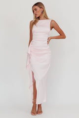 Vestido largo Kamillia con cuello barco y aberturas, rosa hielo