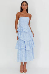Vestido Midi Giavana sem Alças com Camadas Relevo Floral Azul