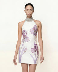 Jeweled Halter Iris Motif Dress - White