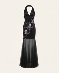 Orchid Embroidered Sheer Hem Halter Maxi Dress- Black Purple