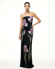 Iris Floral-Appliqu�� Strapless Maxi Dress - Black