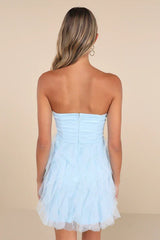 Delightful Beauty Vestido Mini de Malla Azul Claro sin Tirantes con Volantes
