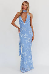 Vestido longo Cipriana frente única sem costas azul com detalhes