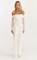 Melville Maxi Dress - Off Shoulder Long Sleeve Lace Dress in White