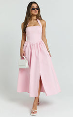 Vestido Helda Midi - Vestido com Painel de Corset e Amarração Halter Rosa