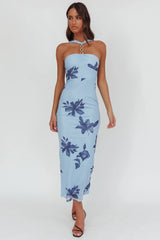 Vestido longo Maretha Gold Link Neckline azul-claro