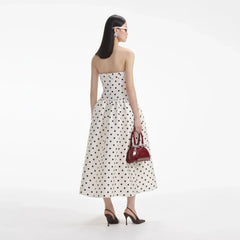 Vestido Midi de Tafetán Crema con Lunares