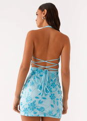 Minivestido Merida Halterneck com Miçangas - Azul