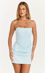 Vestido Mini Rachel - Vestido Tomara que Caia com Corpete e Saia Drapeada na Cor Azul Gelo