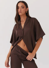 Camisa de satén Palm Cove - Chocolate