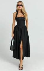 Vestido Midi Helda - Vestido com Painel de Corset e Amarração Halter no Pescoço em Preto