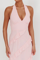Vestido largo estilo halter con volantes Frill de Flirt Color Rubor