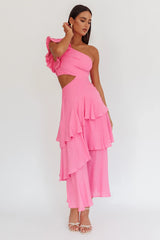 Vestido longo Deanna ombro único com camadas rosa