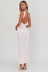 Vestido largo Kamillia con cuello barco y aberturas, rosa hielo