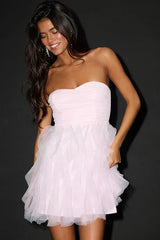Minivestido sin tirantes con volantes de malla rosa claro "Delightful Beauty"