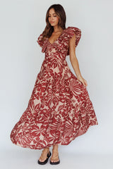 Vestido maxi Kahlo con volantes abullonados en el escote y estampado Flame