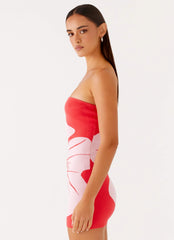 Vestido corto de punto sin tirantes Kader - Estampado floral rojo