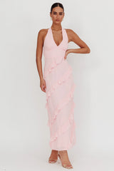 Vestido largo estilo halter con volantes Frill de Flirt Color Rubor
