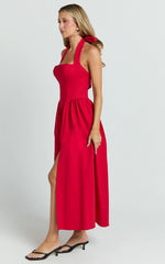 Vestido Midi Helda - Vestido com Painel Corpete e Amarração Halter no Pescoço em Vermelho