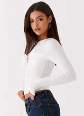 Blusa de manga larga Jeyda con rosa - Blanca