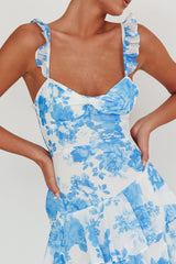 Vestido maxi floral branco/azul com alças e babados Veda