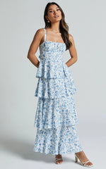Vestido Midi Lorma - Vestido Drapeado en Capas Azul Floral