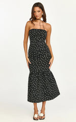 Vestido Midi Seraphina - Vestido Estampado de Poá Tomara que Caia com Renda no Decote e Saia Sereia Franzida em Poá Preto