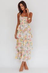 Vestido longo Provença Bloom com babados em camadas Floral